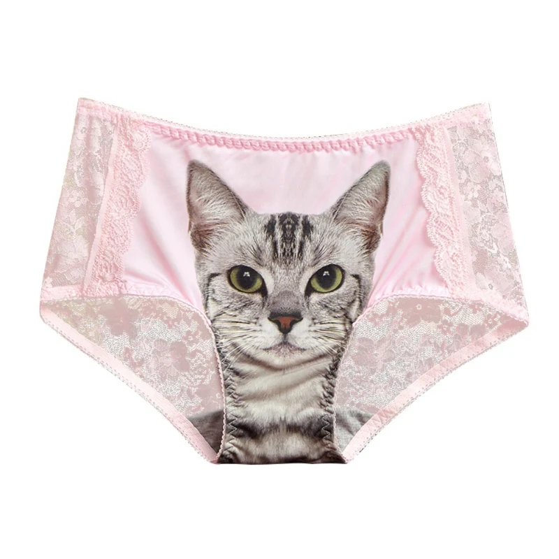 Sexy Cats Women's Underwear Lace Patchwork Cute Printing Briefs Ultra-Slim Panties Cozy Female Underwear Breathable hc