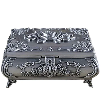 

Vintage Jewellery Case Fashion Jewelry Box Zinc-Alloy Metal Trinket Box Carved Flower Rose Square Shaped