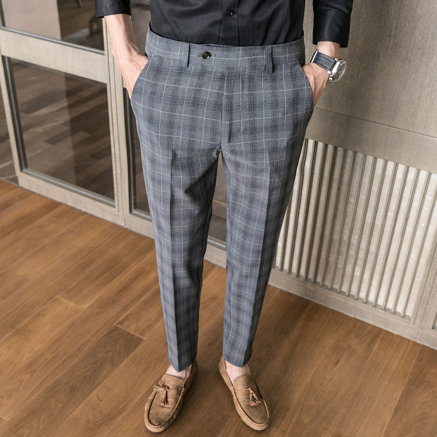 Мужские брюки, клетчатые, деловые, повседневные, тонкие, Pantalon A Carreau Homme, классические, винтажные, клетчатые, костюм, брюки, свадебные штаны 28-36