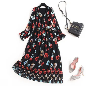 

Women chiffon bohemian dress new 2020 spring summer flare sleeve a-line sashes floral print dresses black