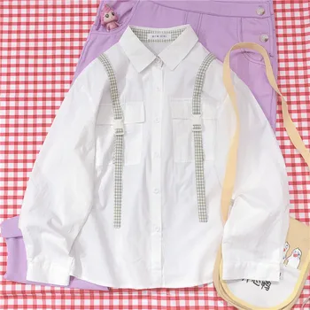

Spring New Women Blouse Sweet Plaid Strap Shirt Harajuku Loose Personality Girls Casual Harajuku Long sleeve Tops College style