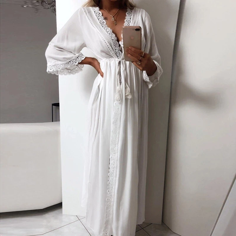 Beach Cardigan Dress Womens Long Hollow Out Lace Tie Up Waist Slim Fit Long Loose Pajamas Sleepwear Bathrobe Home Wear Summer 2
