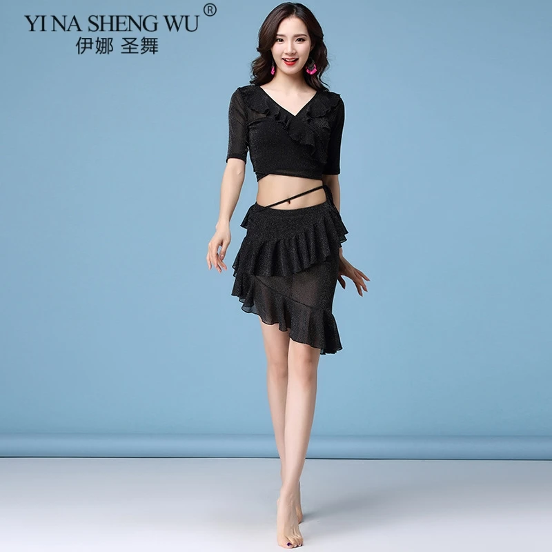 1175 Black Set Новинка, женская одежда для танца живота, сексуальный v-образный вырез, Топ или длинная юбка, Танцевальная практика, 5 цветов - Цвет: 1175 Black Set