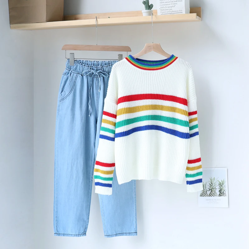 

2020 Winter Spring Women Pant Sets Casual Streetwear O Neck Striped Sweater Tops+elastic High Waist Jeans Vintage Women Sets