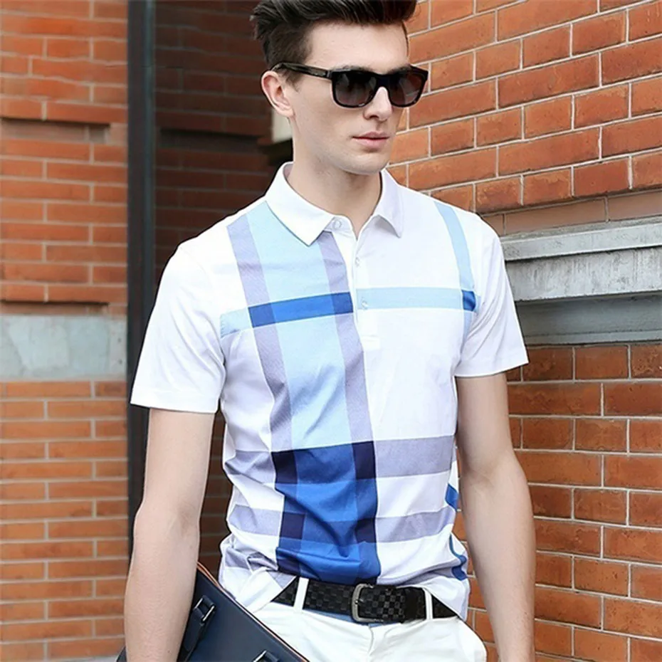 Синий ZOGAA Summer Men Polo Shirts Short Sleeve Cotton Polos Male Plaid Business Casual Tops Shirt camisa polo masculina homme camisa - Цвет: Синий