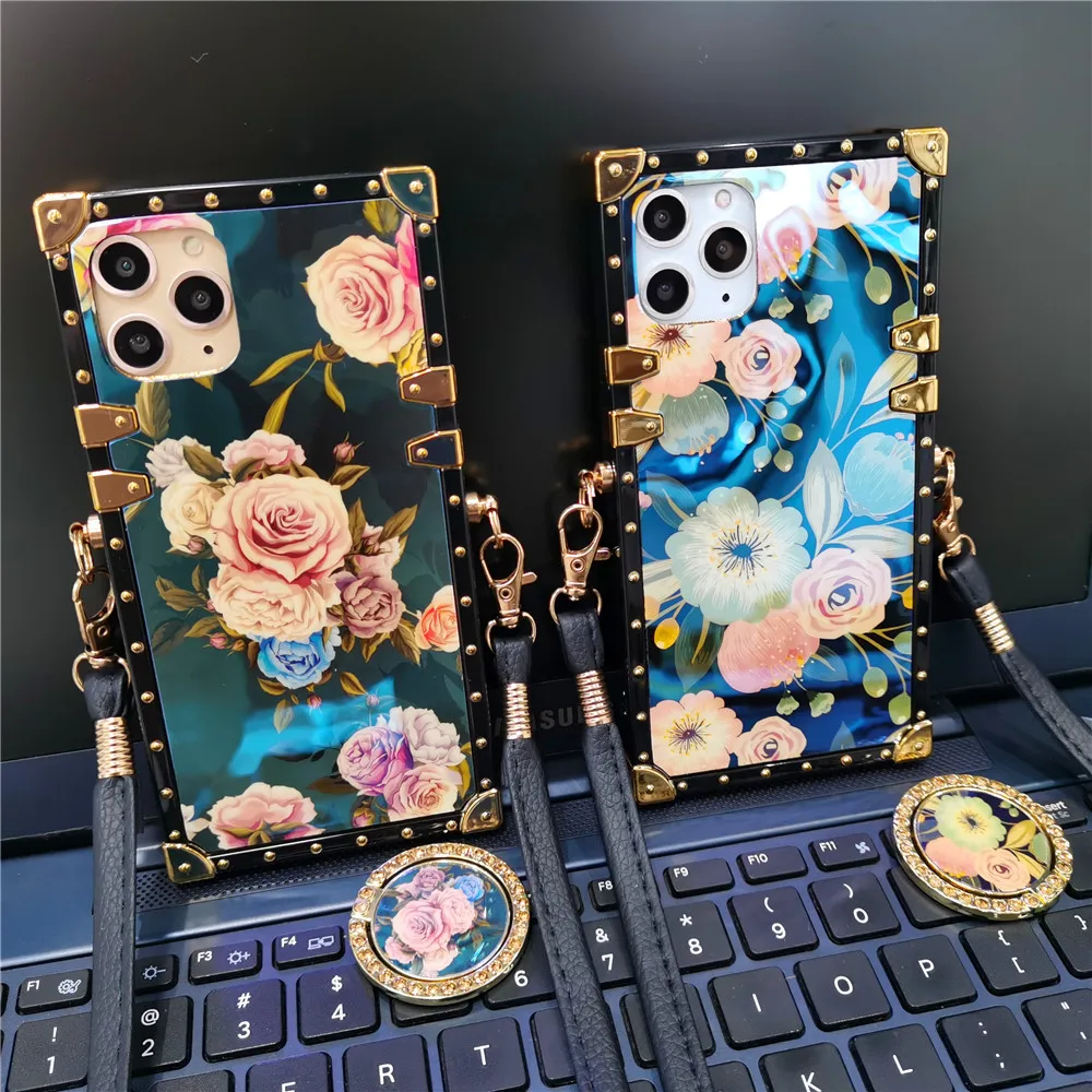 Luxury Rose Flower Glitter Gold Square Case For iPhone 15 14 Pro Max 13 PRO  11 15 PRO 12 Pro MAX XS XR X 7 8 Plus Stripe Cover