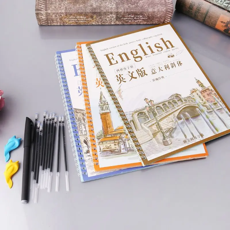 

3 Reusable Groove Calligraphy Copybook English Italic Handwriting Groove Training Pen Refills Hold Tools Set