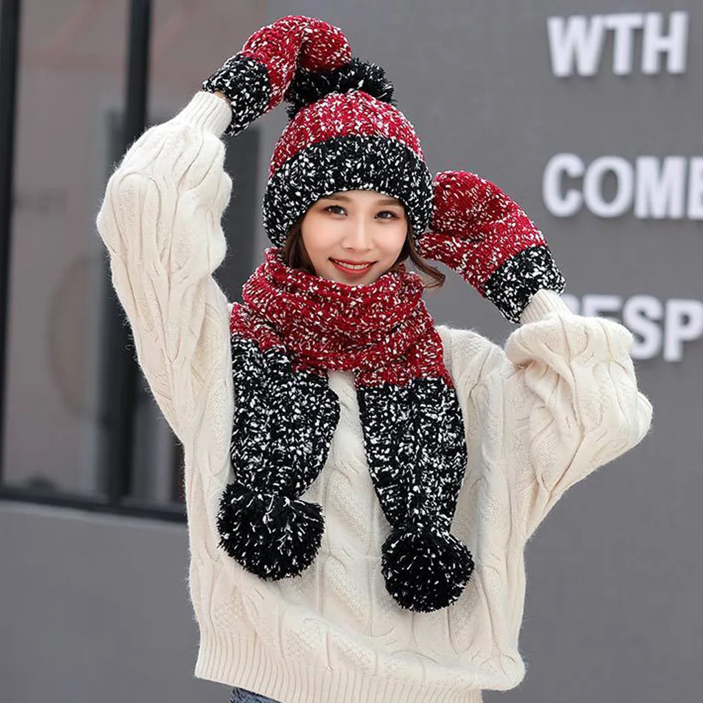 3 шт Женская зимняя теплая разноцветная вязаная шапка Venonat + шарф + перчатки