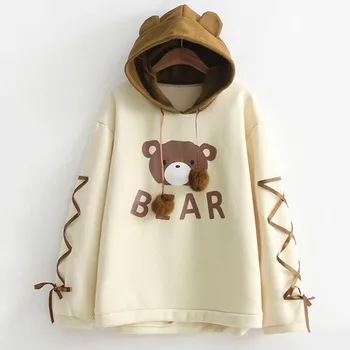 

Coat women's sweatshirt худи hoodies толстовки sports Leisure Wear A Bear Cap Top Long Sleeve With A Ribbon Hair Ball Cute h4