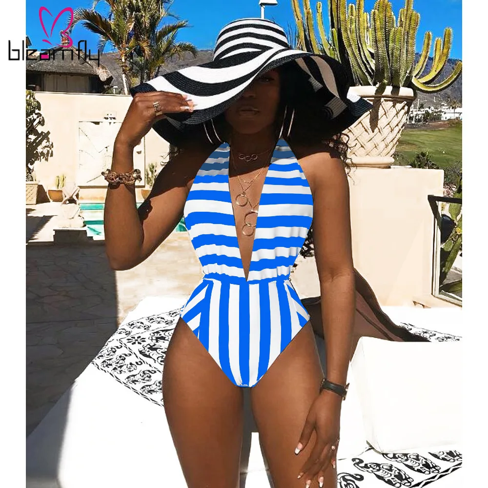 New Fashion Women Strip Sleeveless Deep V-neck Striped Beach Sexy Party Club Bodysuit Outfit