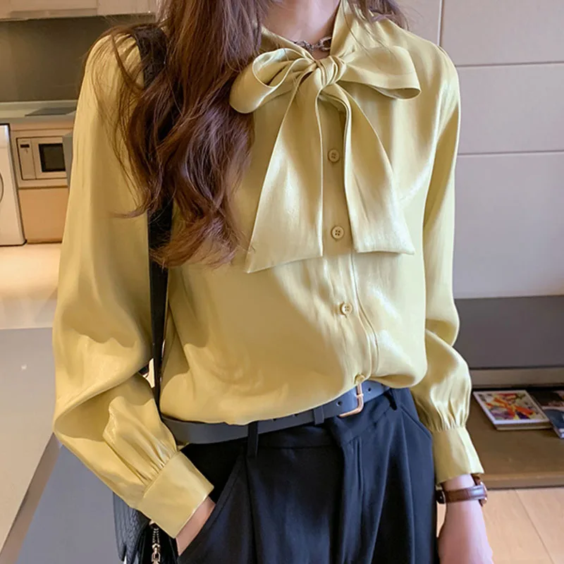  Korean fashion clothing 2019 OL Button Solid Bow chiffon blouses women tops lantern Sleeve plus siz