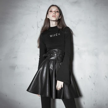 

PUNKRAVE Punk Dark Women's PU Leather Skirt Simple High Waist A Word Skirt Early Autumn Slim Round Skirt