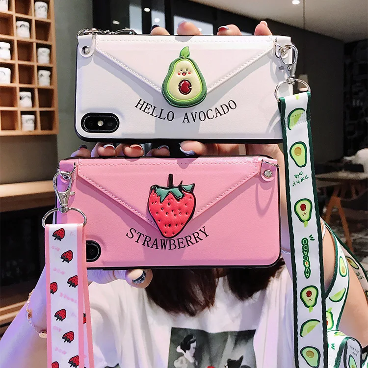 

For iPhone XS Max avocado strawberry back case For iPhone 8plus XR X 7 7plus 6S 6P card holder PU cover + shoulder Strap