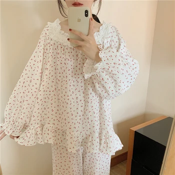 

Cherry Print Sleepwear Women Lace Ruffles Striped Cotton Home Suit Shirts Pullovers Trousers Two Piece Set Spring Autumn A009