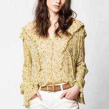 Verde julia estilo francês doce senhora blusa de flor amarela 2020 primavera novo design de pista elegante babados camisa floral feminina