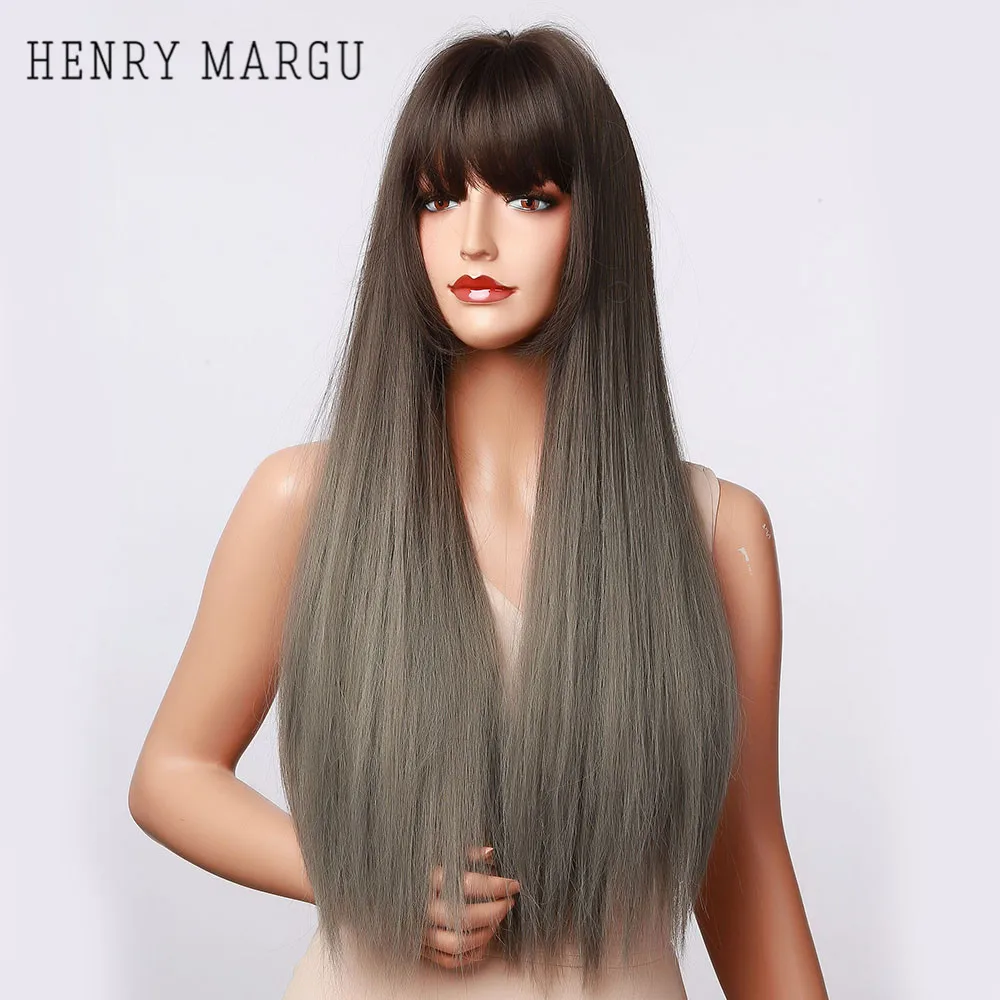 

HENRY MARGU Green Gray Ombre Synthetic Women Wigs With Bangs Long Straight Natural Hair Wigs For Cosplay Heat Resistant Fiber