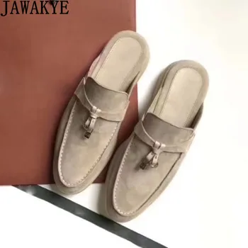 

Nude Suede half Slippers Women Round toe Spring Mules Shoes Metal Decor Ladies Slides thick sole Runway Casual flat Shoes Woman