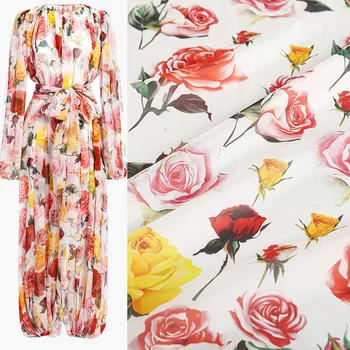 

100x145cm Fashion Colorful Rose Printed Thin Chiffon Fabric for Woman Summer Dress Blouse Pants DIY Cloth Sewing