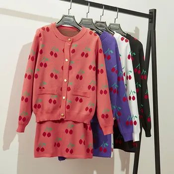 

*Casual Two Piece Set Women Set Autumn Wild Cherry Print Long Sleeve Knit Two-Piece Sweater+ Skirt Suit 2 Pieces Clothes