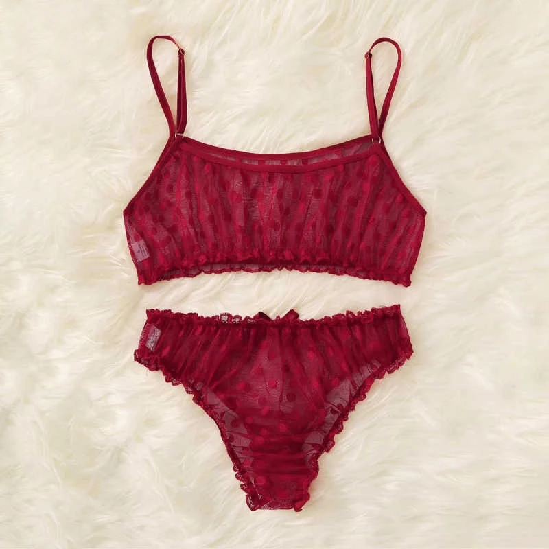 

2 PCS Lady See-through Sexy Lingerie Set Solid Color Polka Dot Sling Top Perspective Mesh Underpants Sexy Nightwear Lingerie