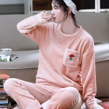 

2PCS Pajamas Set Thick Coral Fleece Nightwear Winter Warm Flannel Women Sleepwear Sweet Cartoon Homewear Casual Soft Bathrobe