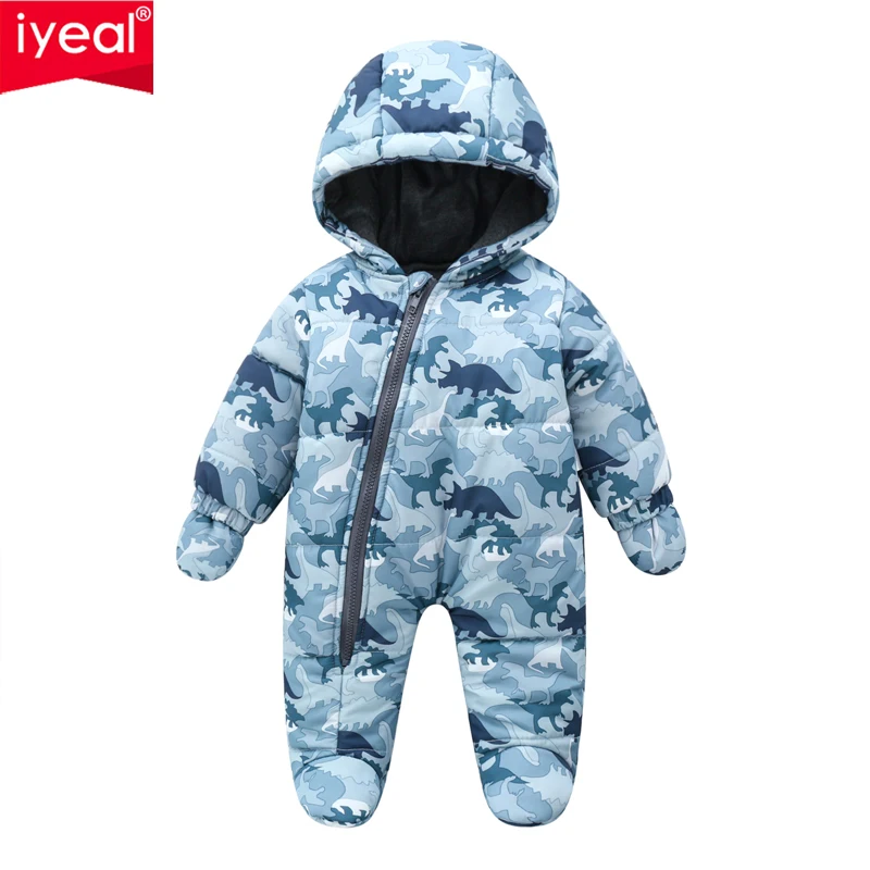

IYEAL Winter Overalls For Newborns Rompers Baby Girl Clothes Print Dinosaurs Hooded Thick Warm Infant Jumpsuit Toddler Outerwear