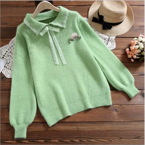 Милый кружевной пуловер с круглым отложным воротником и бантом; свитер в стиле Лолиты для девочек; 59615-LH - Цвет: Зеленый