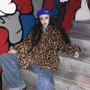 

2019 Women Wool Jacket Autumn And Winter Loose Leopard-Print Thickened Lamb Female Loose Fashion Wool Loop Jackets