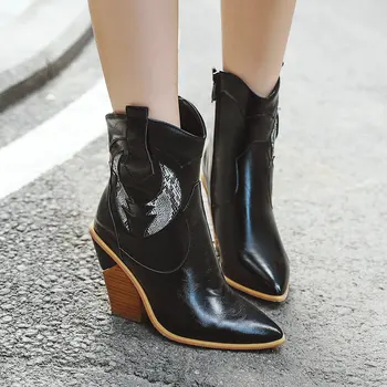 

Fashion Ankle Boots Autumn Winter Women Boots Wedges High Heel Short Boots Pointed Toe Western Cowboy Boots Shoes Black White