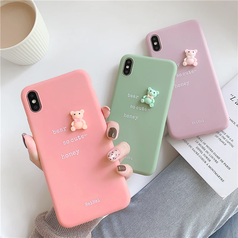 

Simple 3D Bear Letter Phone Case for iPhone X XR XS Max 7 8 Plus XS Candy Color Phone TPU Case(176)