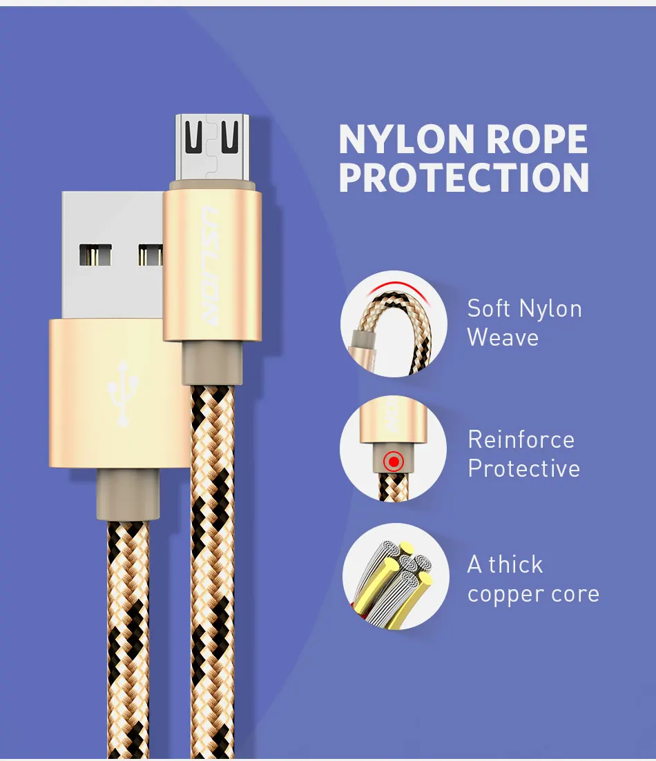 USLION Micro USB кабель для Xiaomi Redmi Note 5 pro 4x Быстрая зарядка USB Дата-кабель для зарядки Шнур зарядное устройство через Micro USB для samsung S7