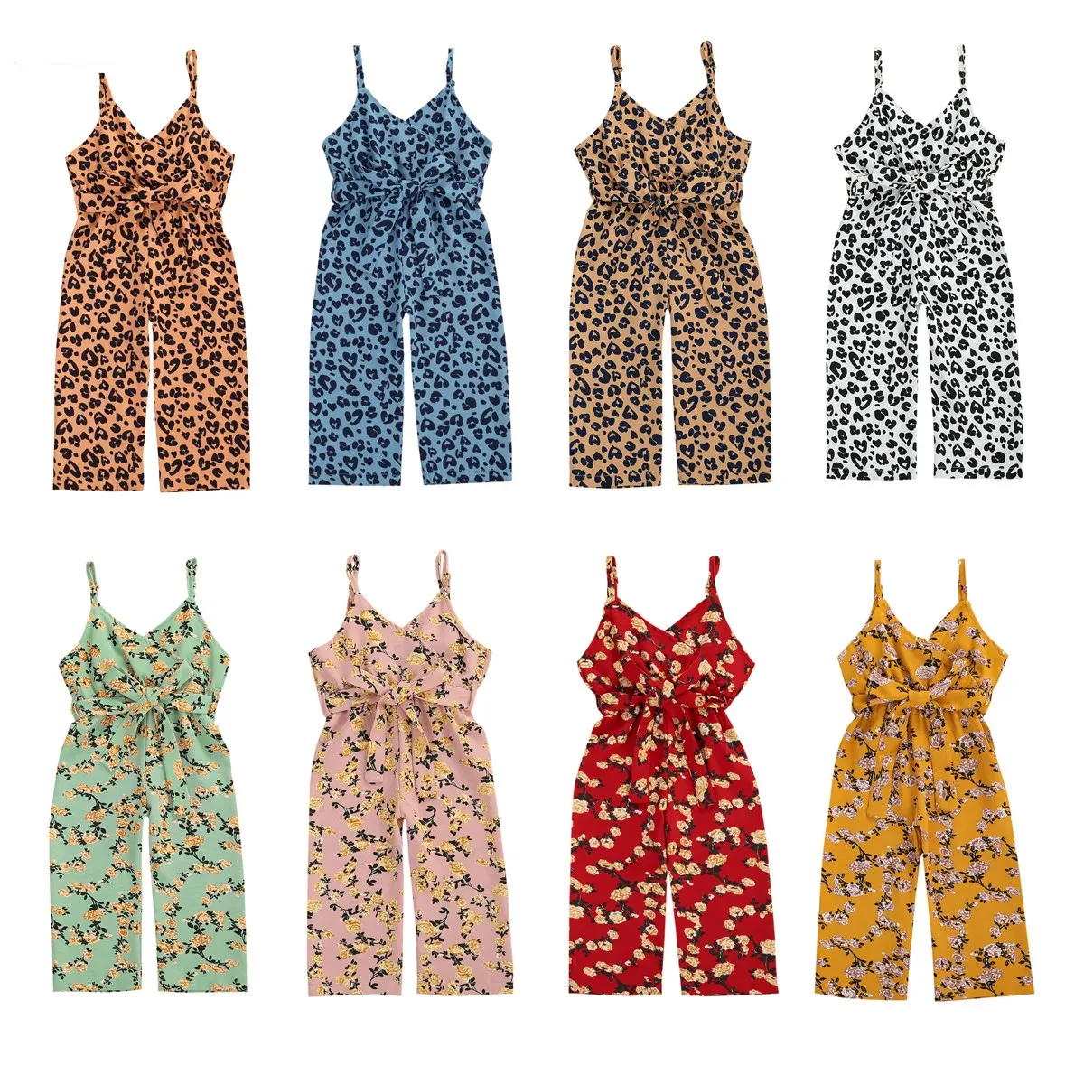 

Fashion Summer Kids Girls Rompers Clothes Leopard Floral Print Sleeveless Bow Jumpsuit Playsuit One Piece Toddler Outfits