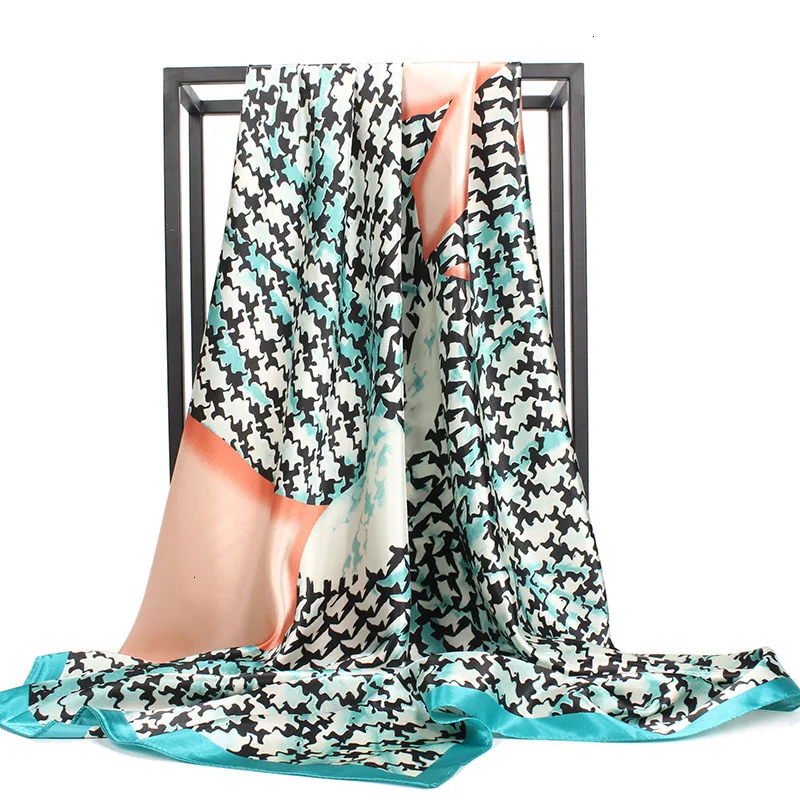 

90*90cm 100% Twill Silk Scarf Houndstooth Prints Fashion Large Square Silk Scarf Shawl Hijab Female Foulard