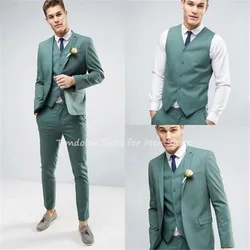 3Pcs Green Jacket Pants Vest Peak Lapel Blazer Trousers Groomsmen Tuxedo Best Man Suit Sets For Wedding Coat+Pants+Tie+Waistcoat