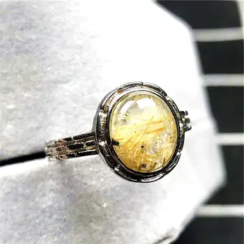 

10x9mm Natural Gold Rutilated Quartz Ring For Woman Lady Man Crystal Oval Beads Silver Gemstone Adjustable Ring Jewelry AAAAA