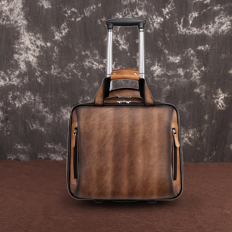 

Retro MEN'S Real-leather Bag Vintage Trolley Bag Full-grain Leather Luggage Fashion Travel Bag Boarding Bag 8072