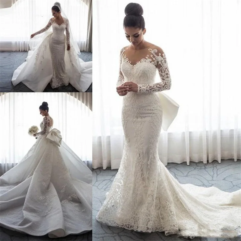 2019-Luxury-Mermaid-Wedding-Dresses-Sheer-Neck-Long-Sleeves-Illusion-Full-Lace-Applique-Bow-Overskirts-Button