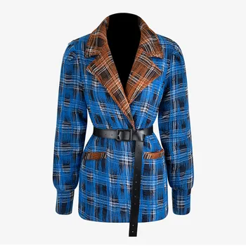 

Plaid Hit Color Jackets For Female Lapel Collar Lantern Long Sleeve High Waist With Sashes Women's Coats Clothing
