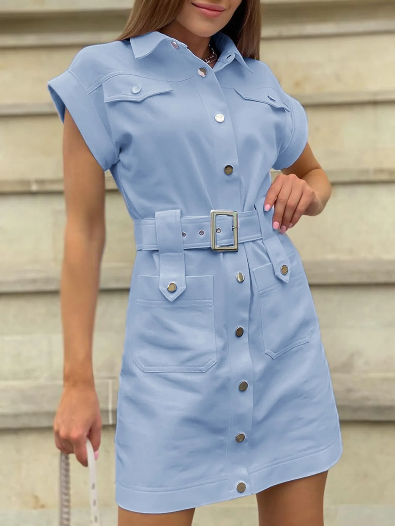 BerryGo Elegant 2022 summer shirt dress short sleeve office dress women Single breasted belt mini dress Blue pocket work vestido