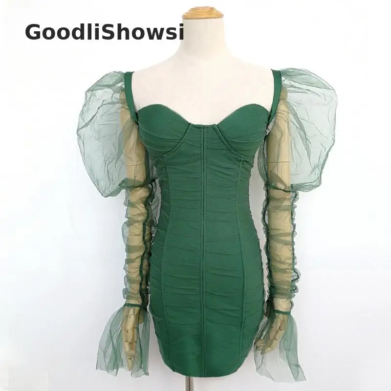 GoodliShowsi, Сексуальные вечерние платья с квадратным воротником, прозрачные сетчатые лоскутные платья с открытой спиной и пышными рукавами, очаровательные женские облегающие платья