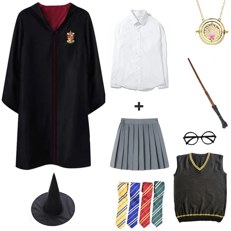 

Adult Kids Potter Cosplay Costume Halloween Party Cloak Potter Robe Cape Magic Uniforms Wand Tie Scarf Clothes Gift Dropshipping