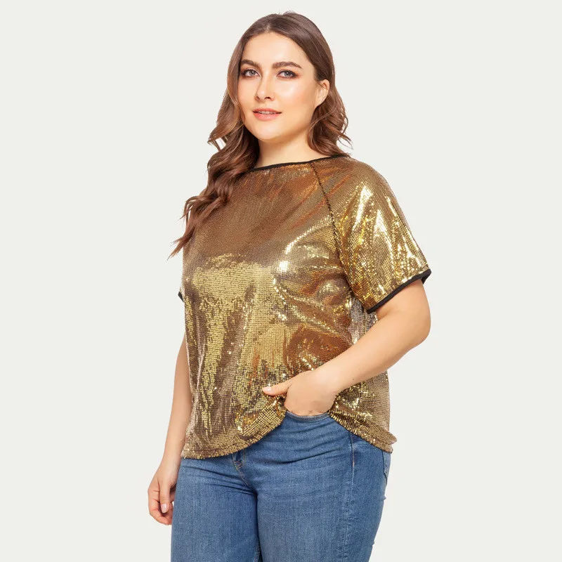 

Women Top Sequined T-Shirt For Women Plus Size L-4XL Gold Color Short Sleeve Summer Casual Clothes Women Shirts