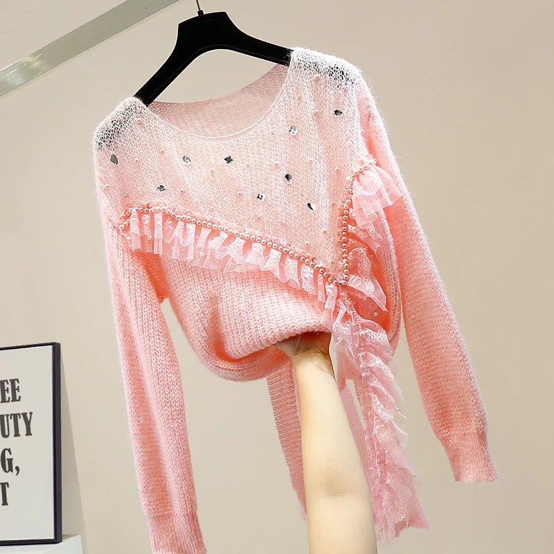 

Fashion Womans Sweater Sequin Beaded Sweet Irregular Lace Stitching Hollow Sweaters Female 2020 Autumn New Loose Tops Jumper