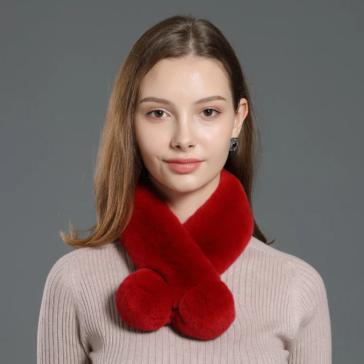Red Настоящий кроличий мех, цельные женские зимние шарфы, милые женские шейные платки с помпоном, женские теплые шарфы из натурального меха - Цвет: Red