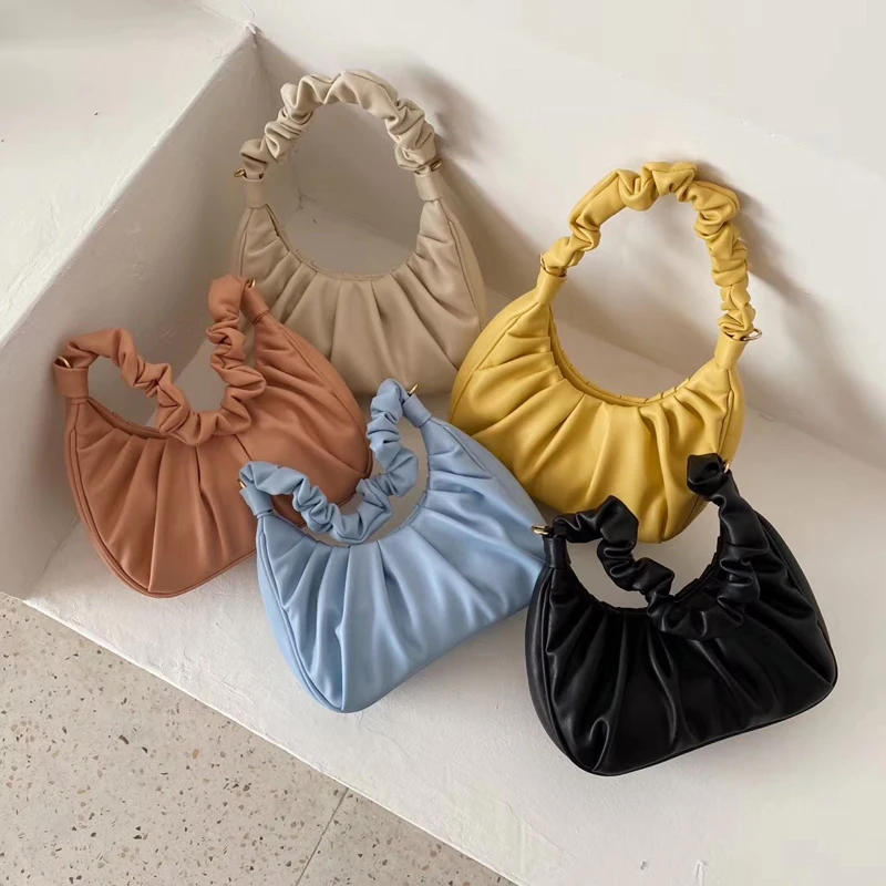 

2020 Summer New Female Baguette Bag Solid Color Luxury Women Plicated Axillary Oxter Bag Wrinkle Ladies Shoulder Crossbody Bag