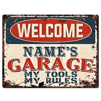 

WELCOME NAME'S GARAGE MY TOOLS MY RULES Custom Personalized Tin Chic Sign Rustic Vintage style Retro Kitchen Bar Pub Coffee Shop