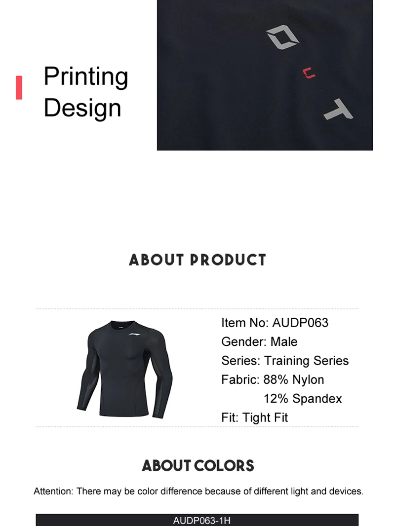Li-Ning, мужская тренировочная серия, базовый слой, 88% нейлон, 12% спандекс, подкладка, облегающая, длинный рукав, спортивные футболки, AUDP063 MTL1051