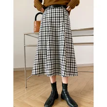 Autumn Winter 2021 High Waist Casual Skirt Women's Plaid A-line Mid-Calf Skirt