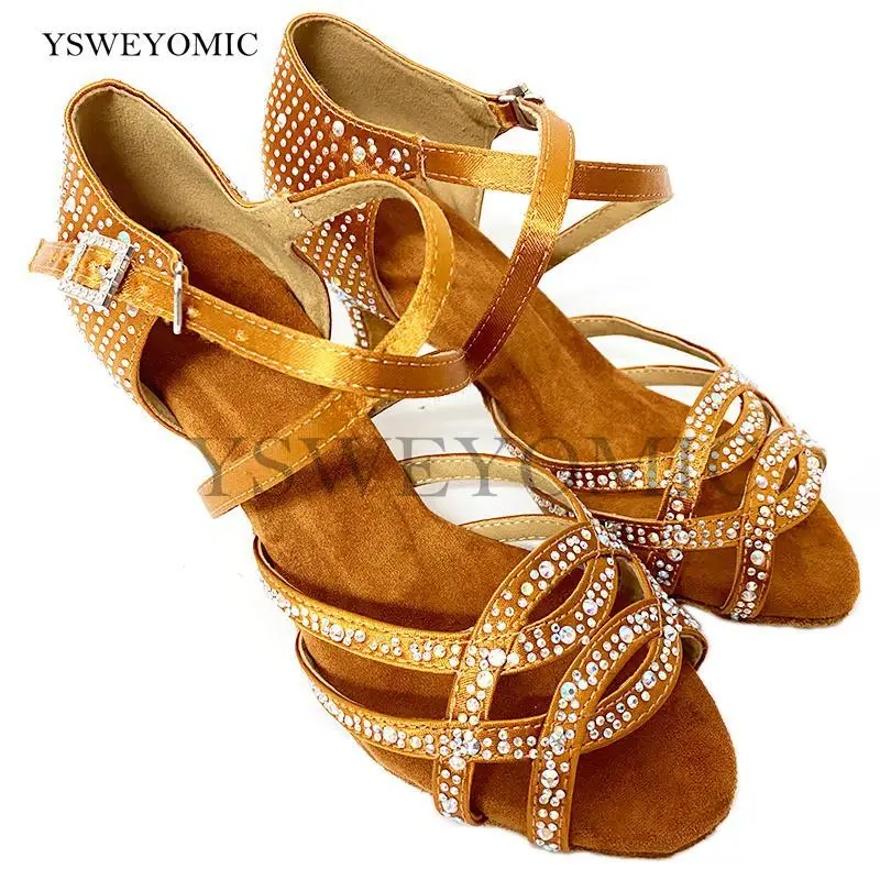 Indoor Dancing Shoes Bronze Red Blue Black Customized Colors Rhinestones Bachata Salsa Cha cha Latin Women Dance Shoes For Girls