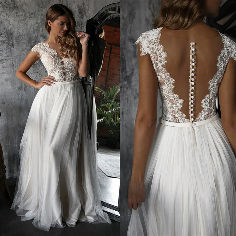 Boho A-Line Long Wedding Dresses robe de mariée Scoop Neck Cap Sleeves Beaded Lace Tulle Bridal Gowns Beach Bride Dress